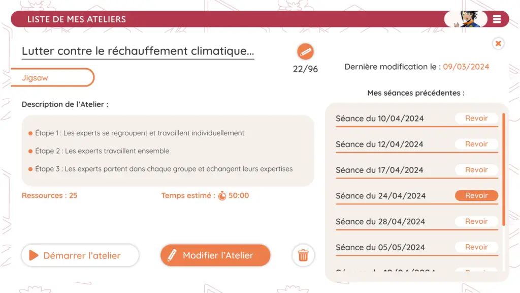 MAIA Atelier Liste des ateliers et récapitulatifs des séances